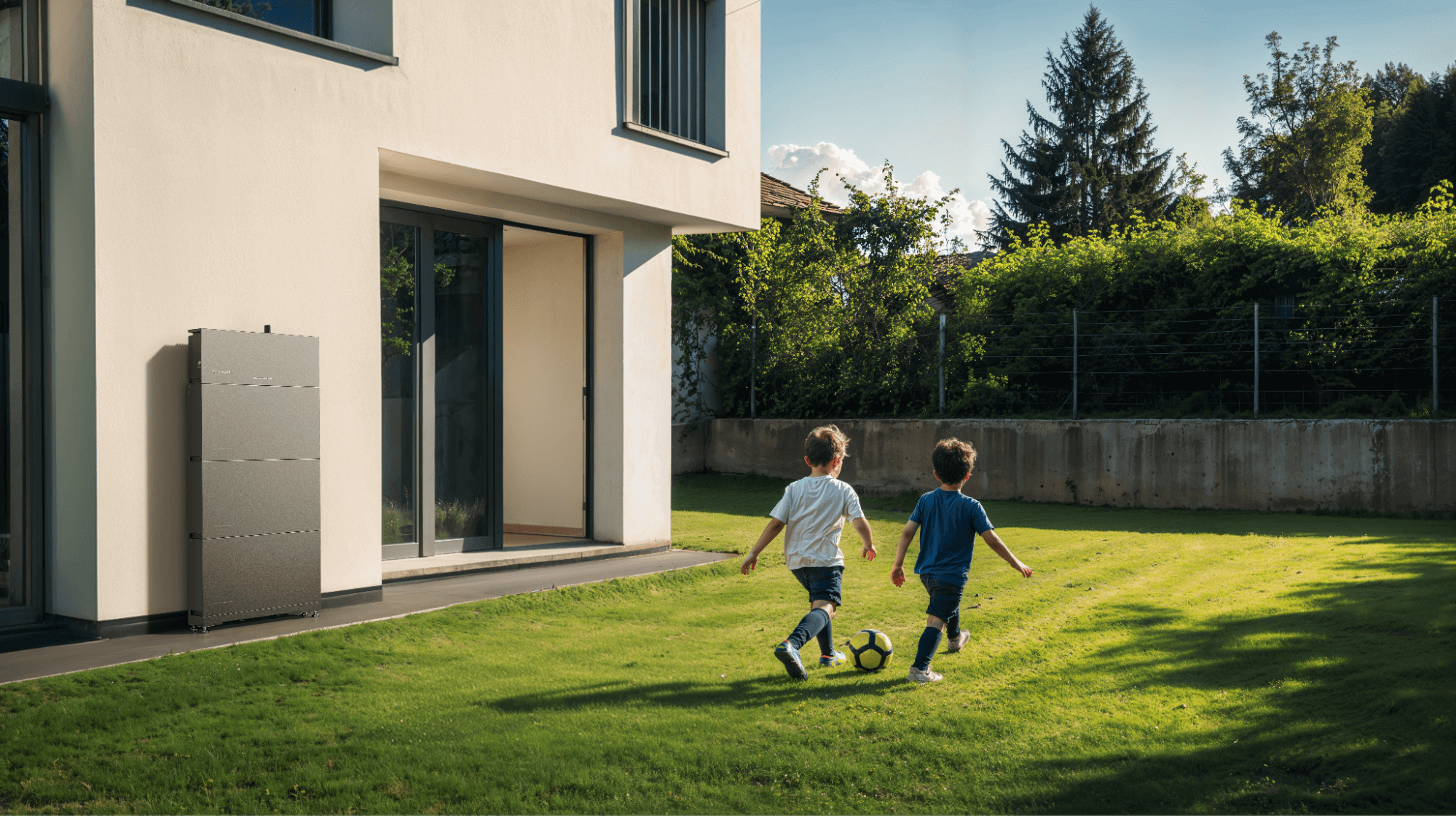 PowerOcean (Single-Phase) installed on house exterior, two children playing football in foreground