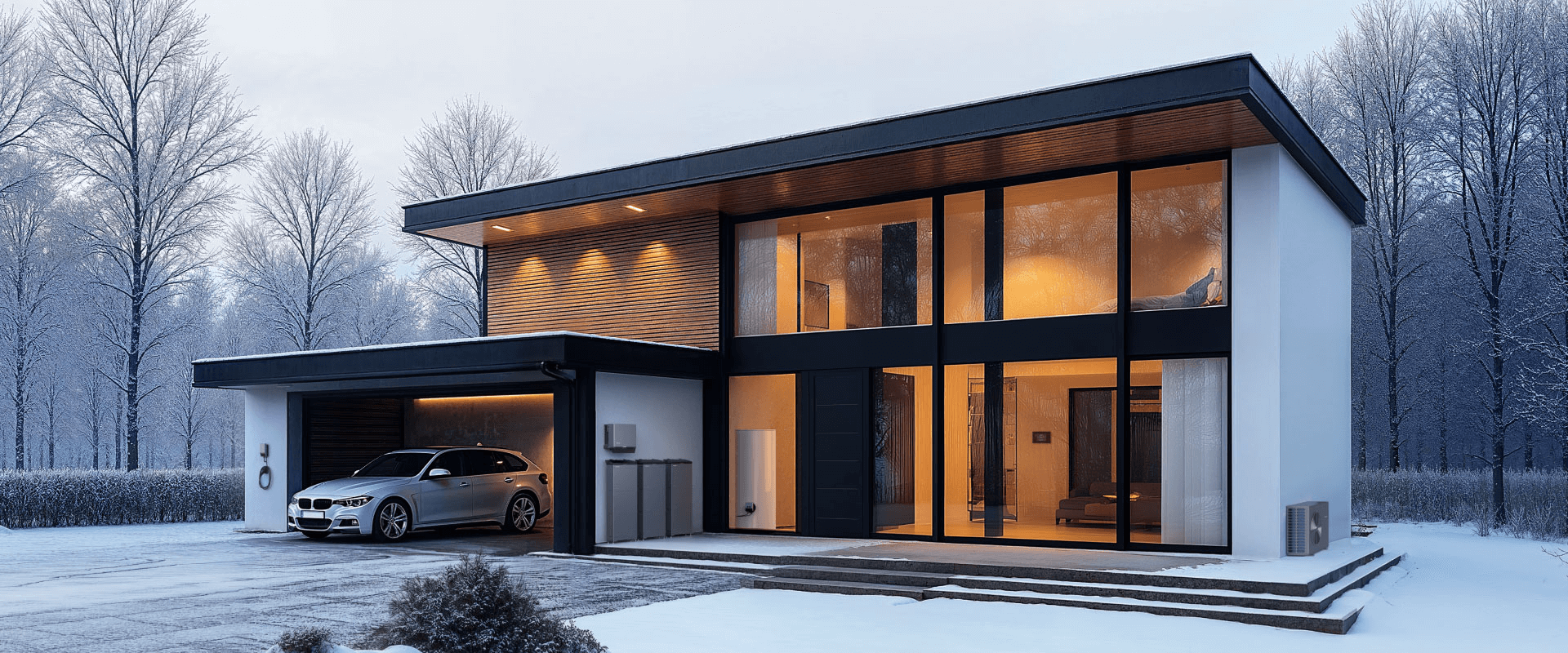 Exterior of a house in the winter, a car sits in an open garage with several PowerOcean units installed within the property