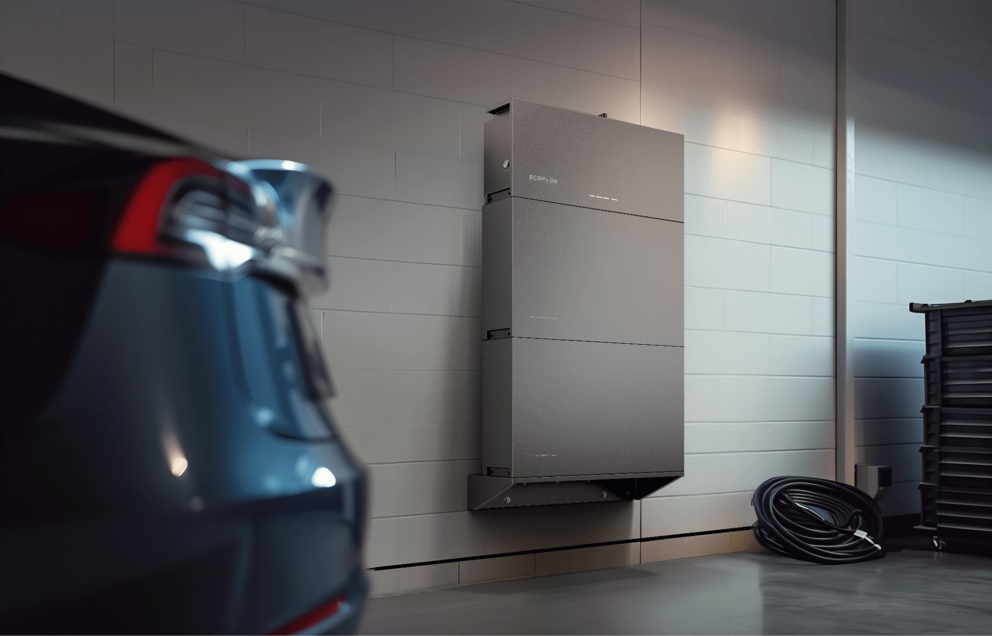 PowerOcean (Single-Phase) installed in garage with car visible in foreground