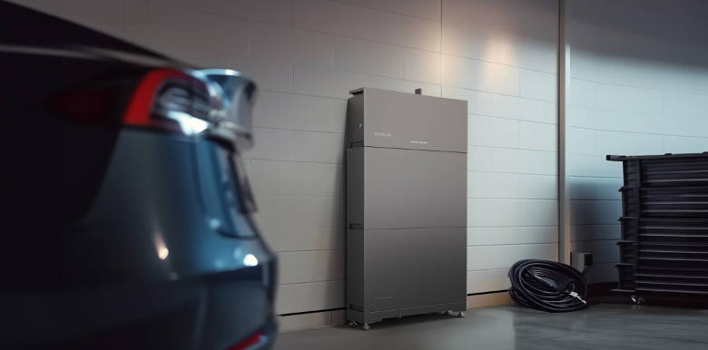 An image of an EcoFlow PowerOcean in a garage next to a vehicle