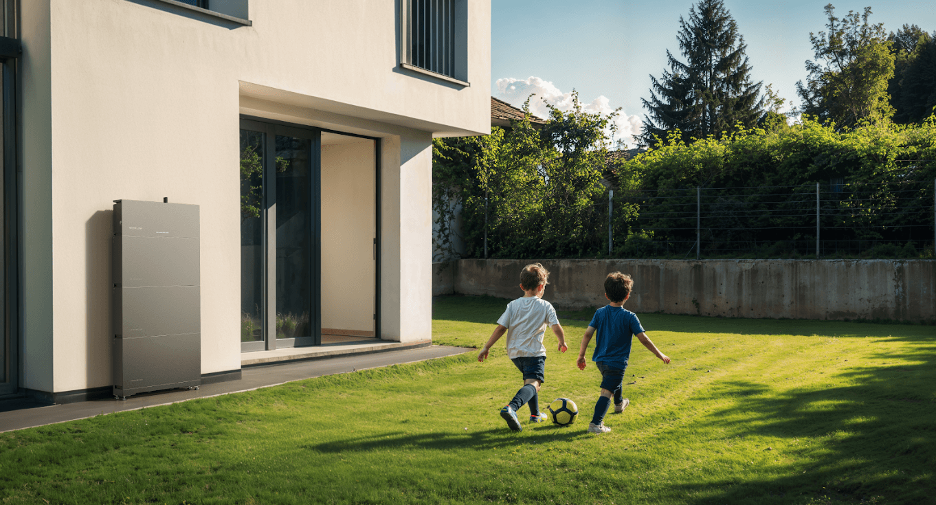 An image of two young individuals kicking a football in their garden beside an EcoFlow PowerOcean (Single Phase)