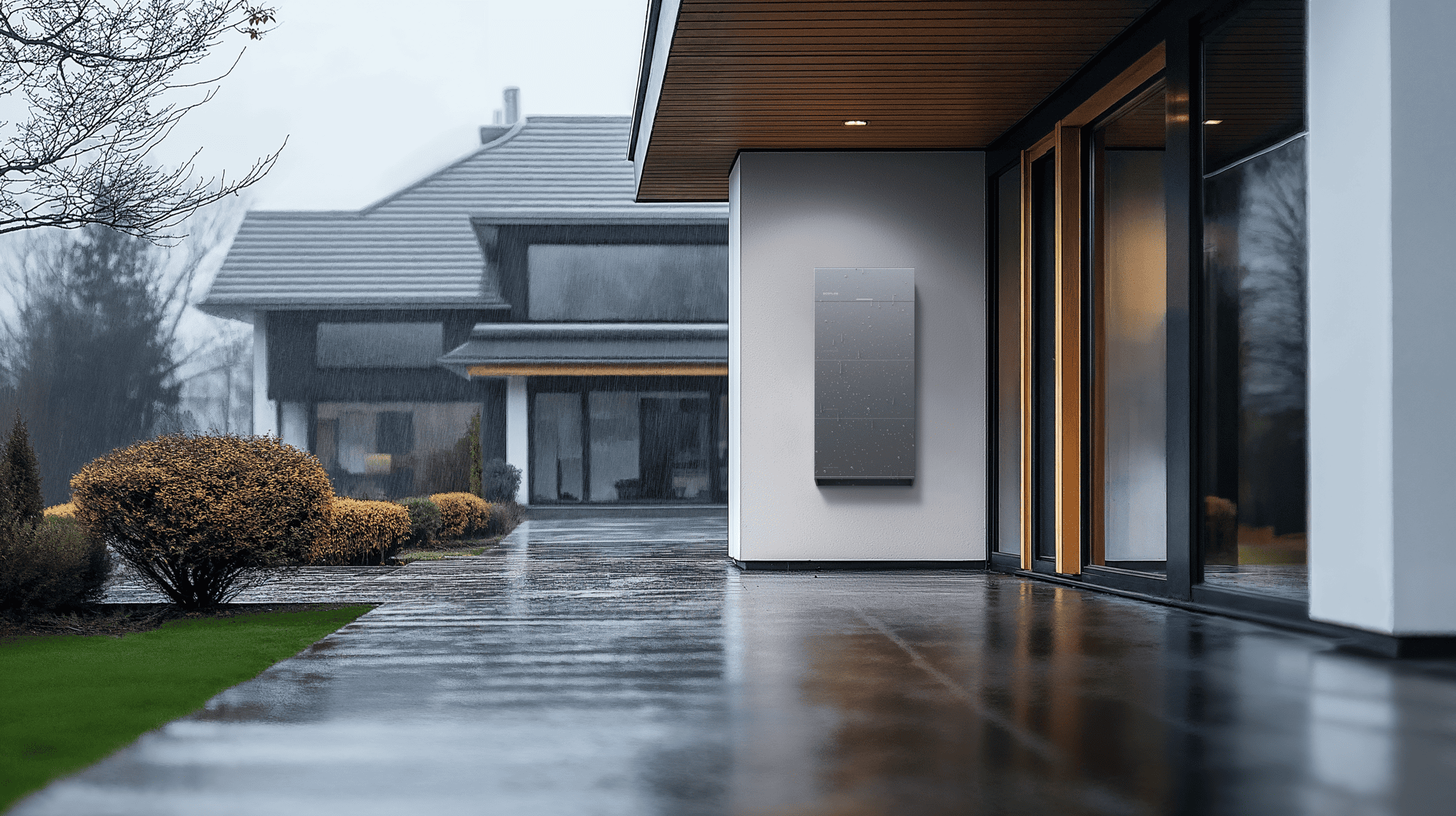Modernes Haus mit Energiespeicher im Garten für Photovoltaikanlage Finanzierung