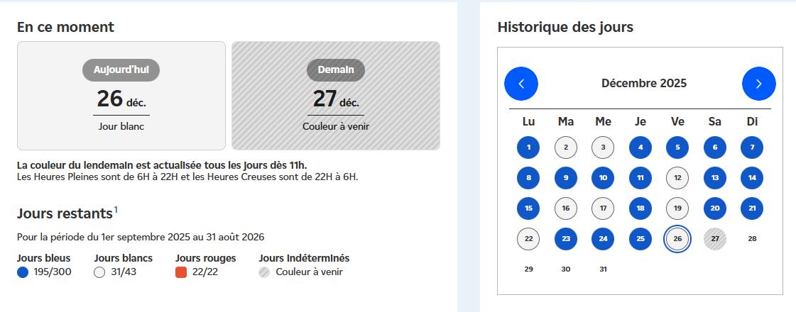 Calendrier des prix de l'électricité mis à jour quotidiennement
