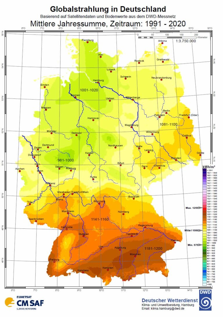 Jährliche durchschnittliche globale Sonneneinstrahlung in Deutschland