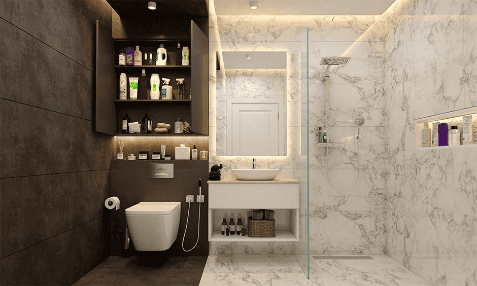 Bathroom with smart wall-mounted storage and shelves