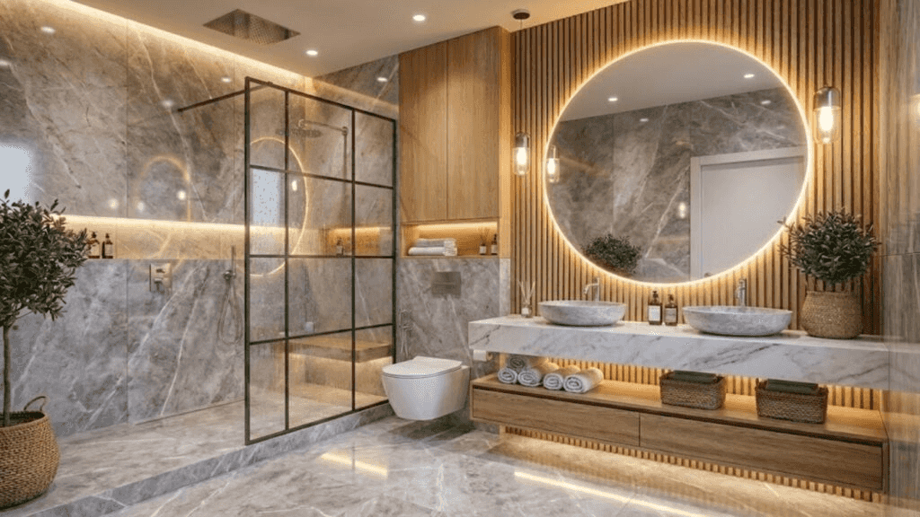 Bathroom with luxury LED lighting and mirror accents