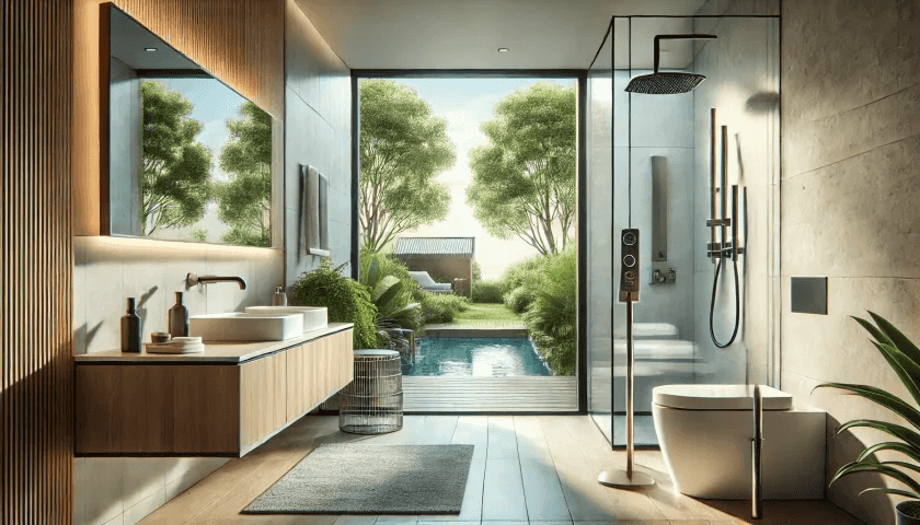 Eco-friendly bathroom fixtures with taps and toilet system