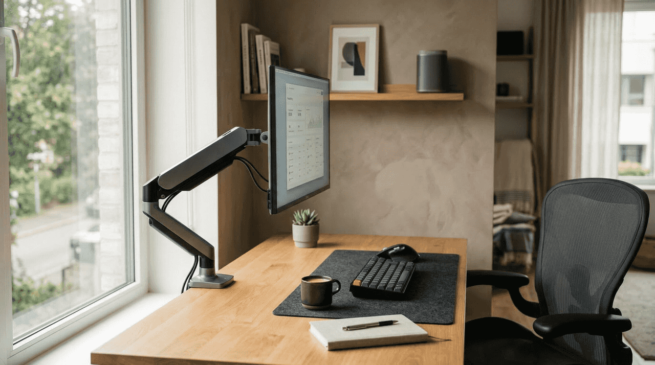 Ergonomic home office setup with monitor at eye level
