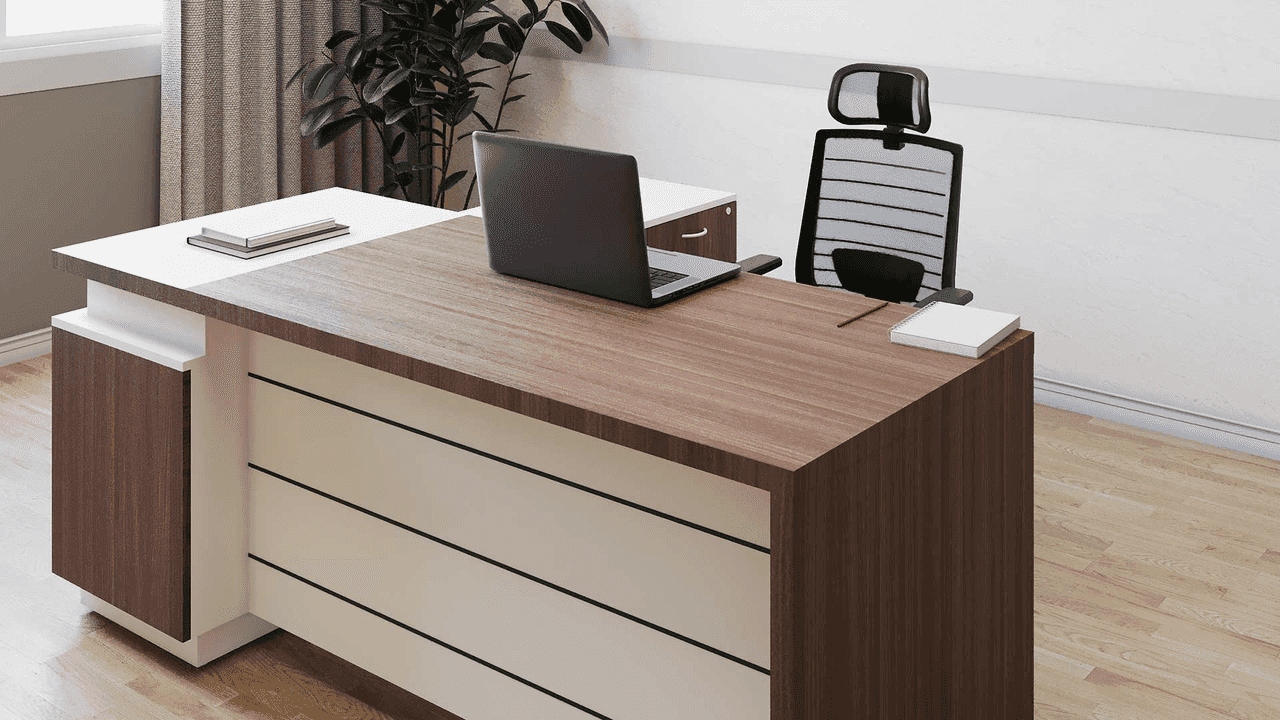 Tidy desk with organized drawers and shelves