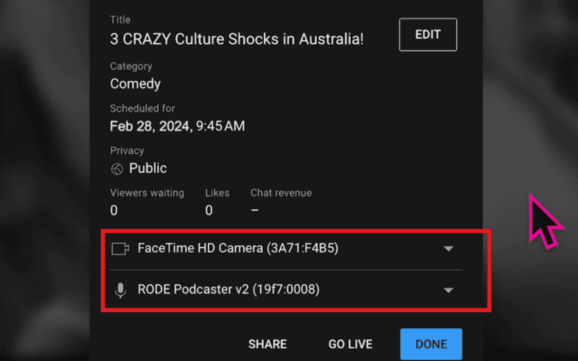 Choose the camera, microphone, and settings
