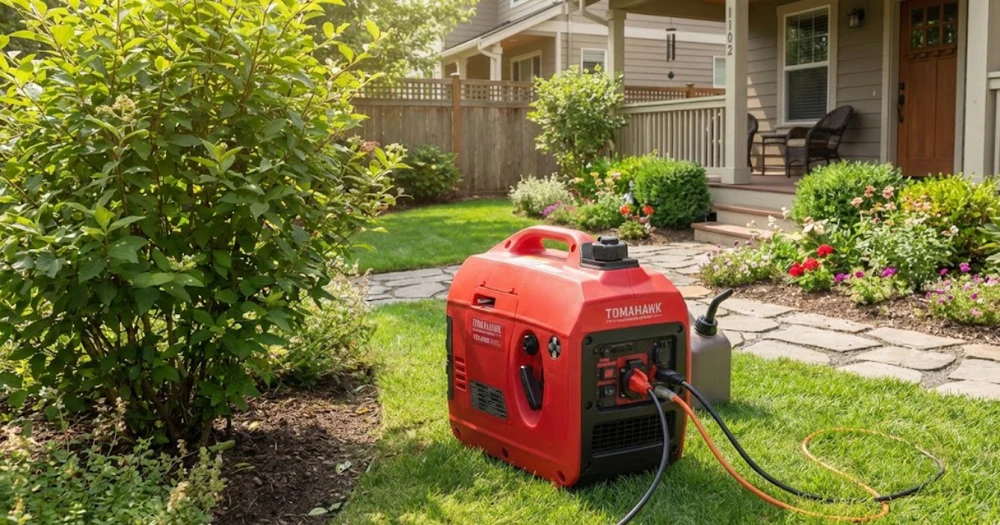 Generador inverter silencioso funcionando en un jardín familiar