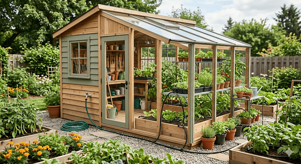  Water and irrigation system in greenhouse combo with shed setups