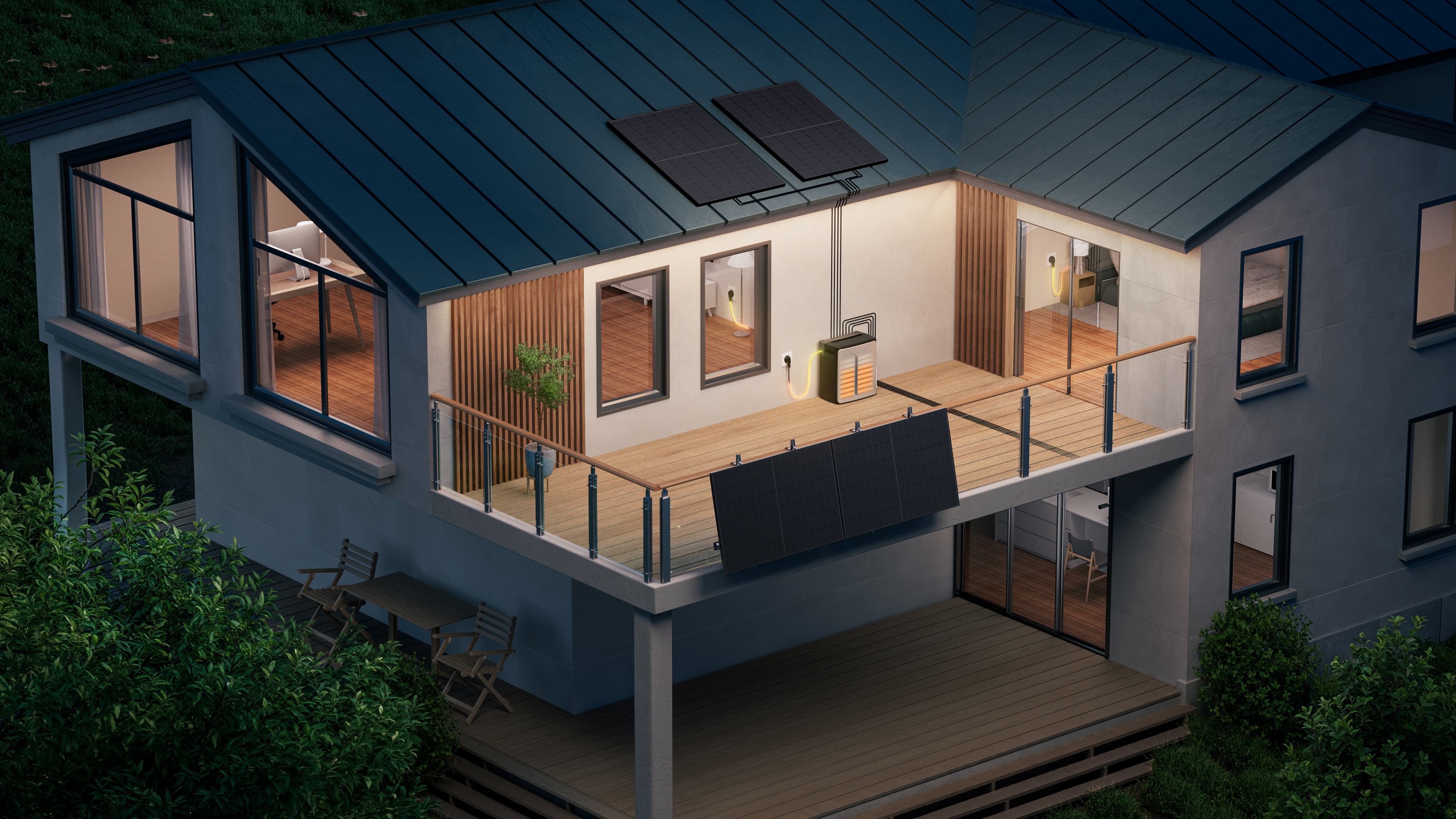 Licht im Wohnzimmer durch gespeicherte Energie der Inselanlage