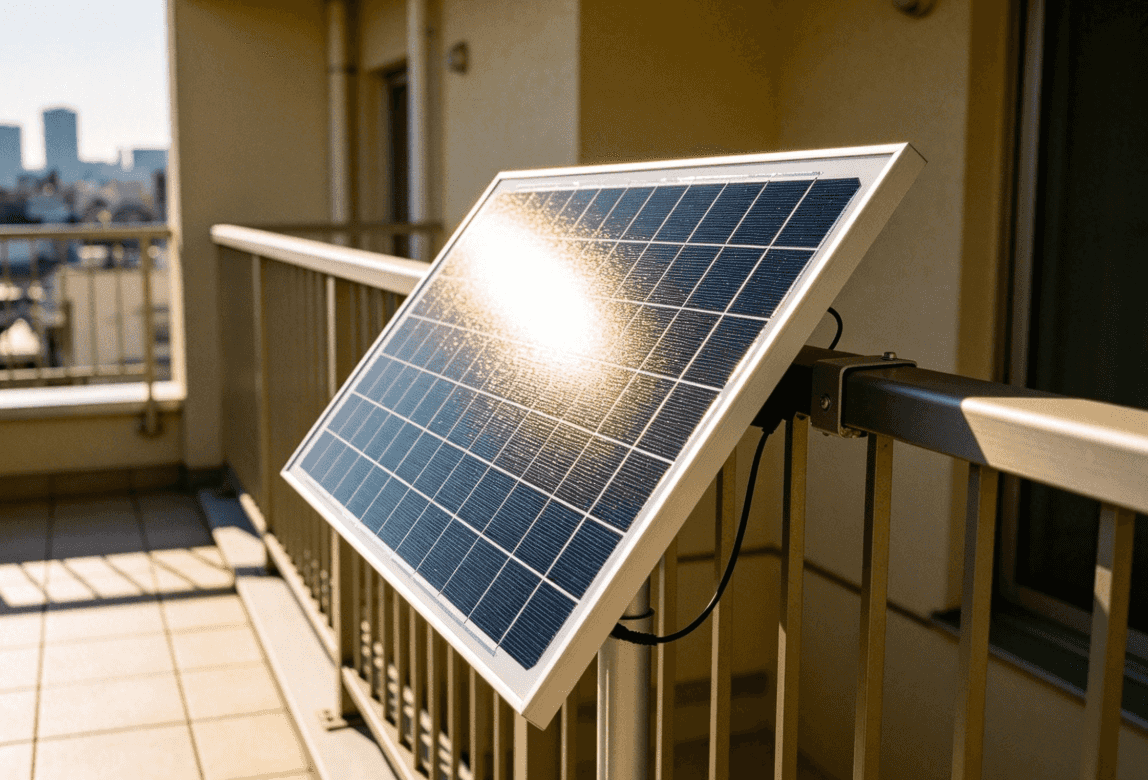 Balcony and railing to place solar panels for wall outlet
