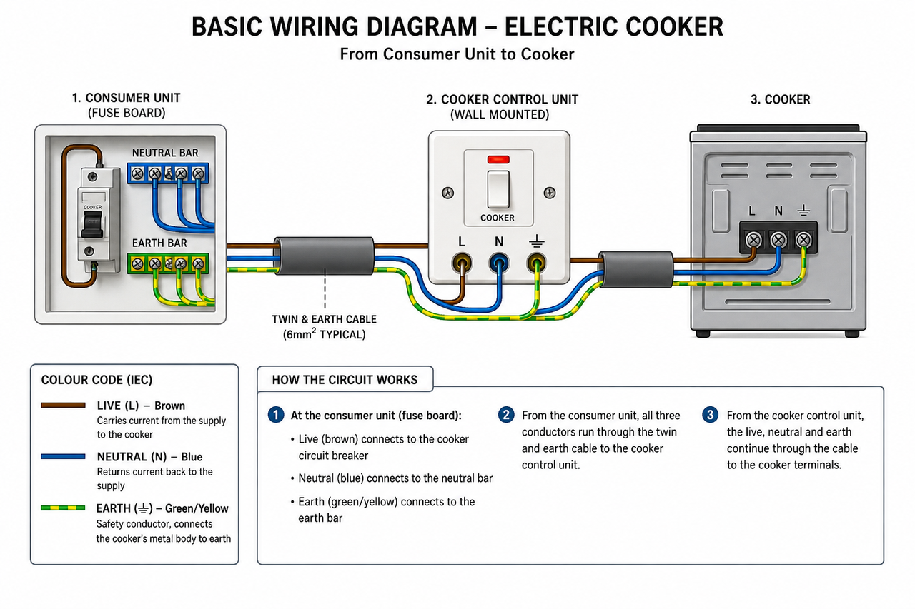 Basic wiring diagram showing the electric cooker circuit 