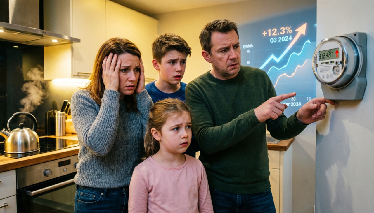 A worried family in a modern kitchen reviewing expensive gas and electricity bills