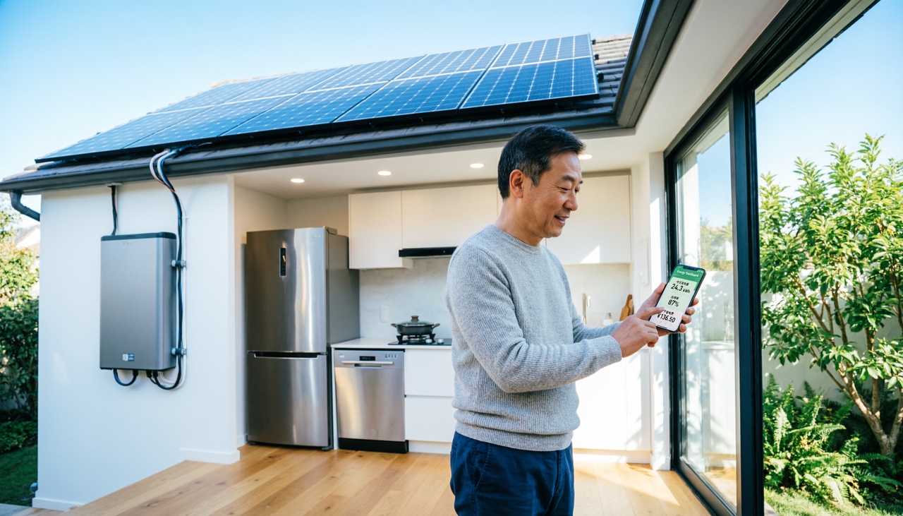 A smart eco-friendly home with solar panels, battery storage system