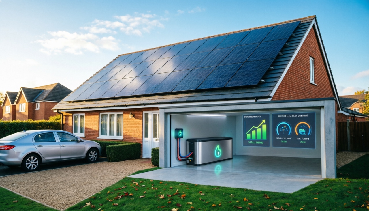 Home battery storage system connected to rooftop solar panels for energy savings