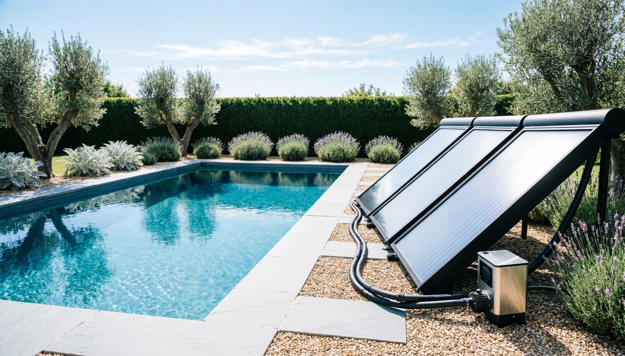 DIY solar panels powering an eco-friendly backyard swimming pool heating system