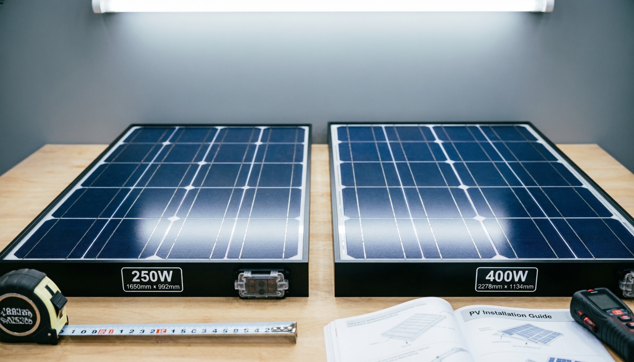 A close-up comparison of standard solar PV panels labelled with dimensions and wattage