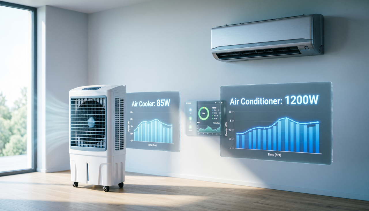 A digital energy dashboard comparing air cooler vs air conditioner electricity consumption