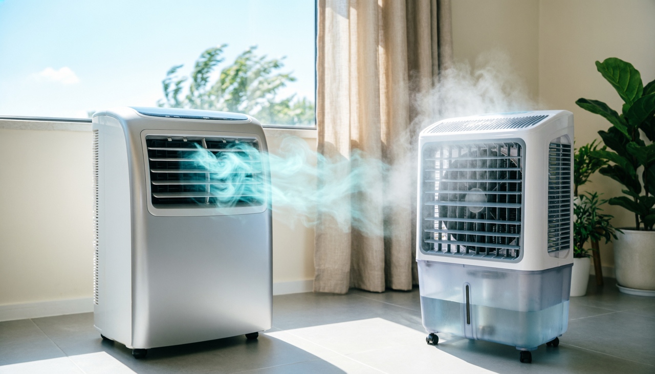 A portable air conditioner and evaporative cooler placed side by side