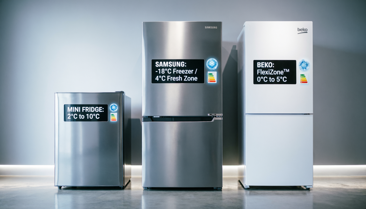 A comparison lineup of a mini fridge, Samsung fridge, and Beko fridge 