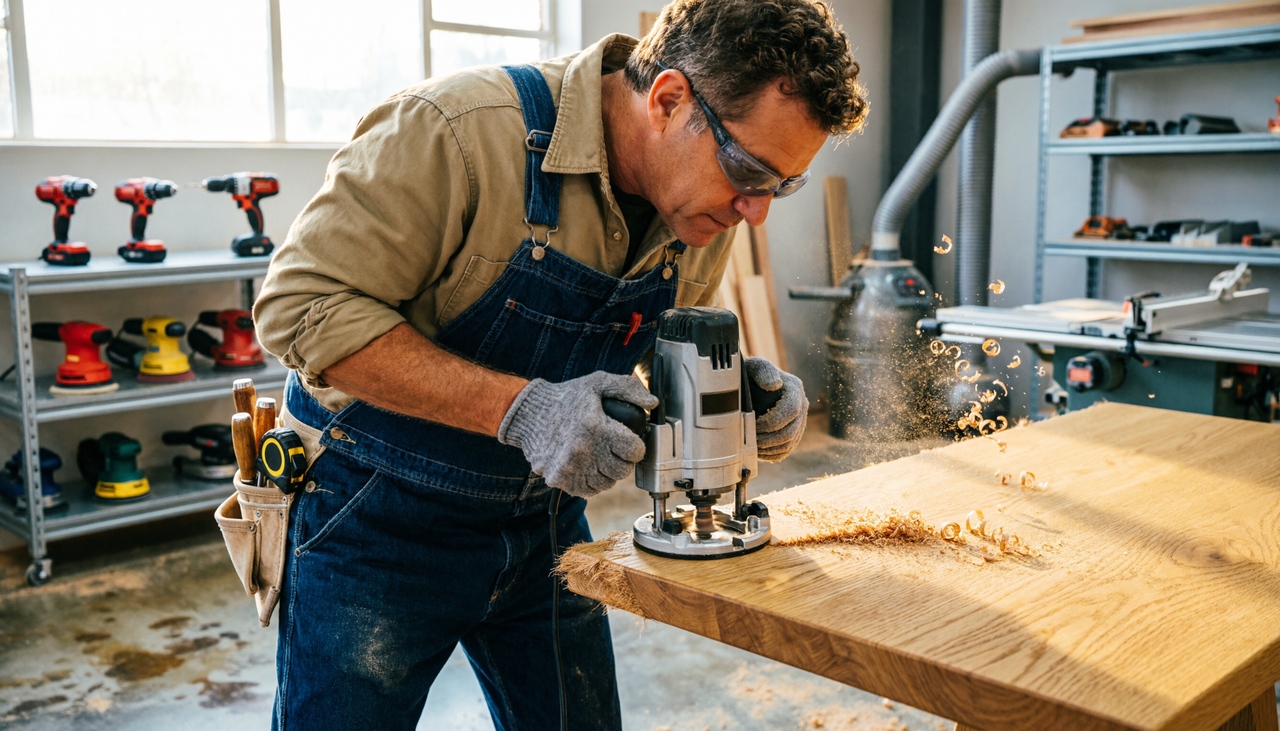 A carpenter using a woodworking router and modern power tools