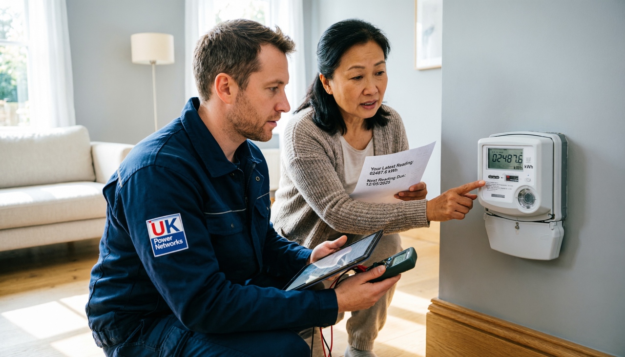Engineer performing a Calisen meter inspection inside a UK household”