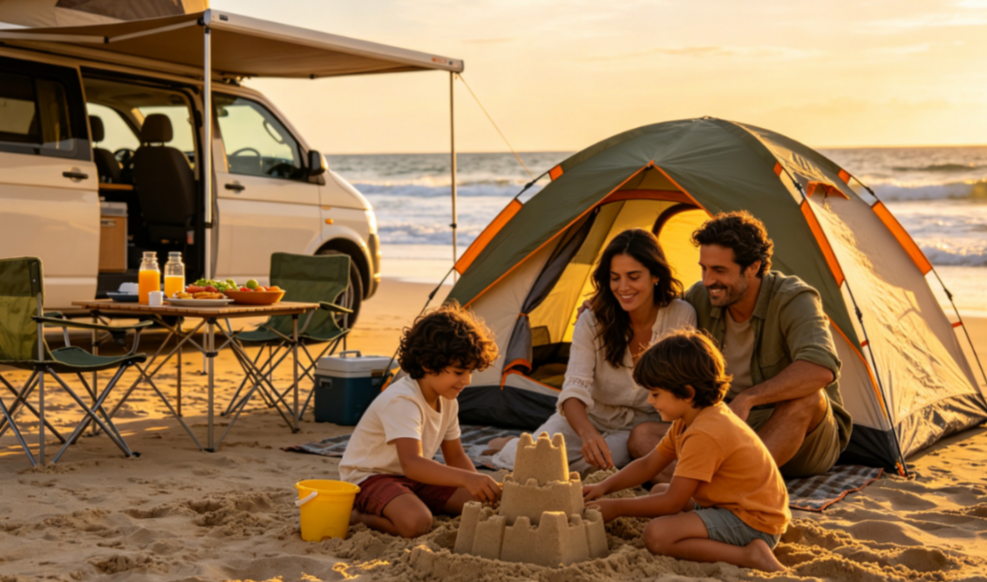 Los padres llevan a sus hijos a camping con toboganes