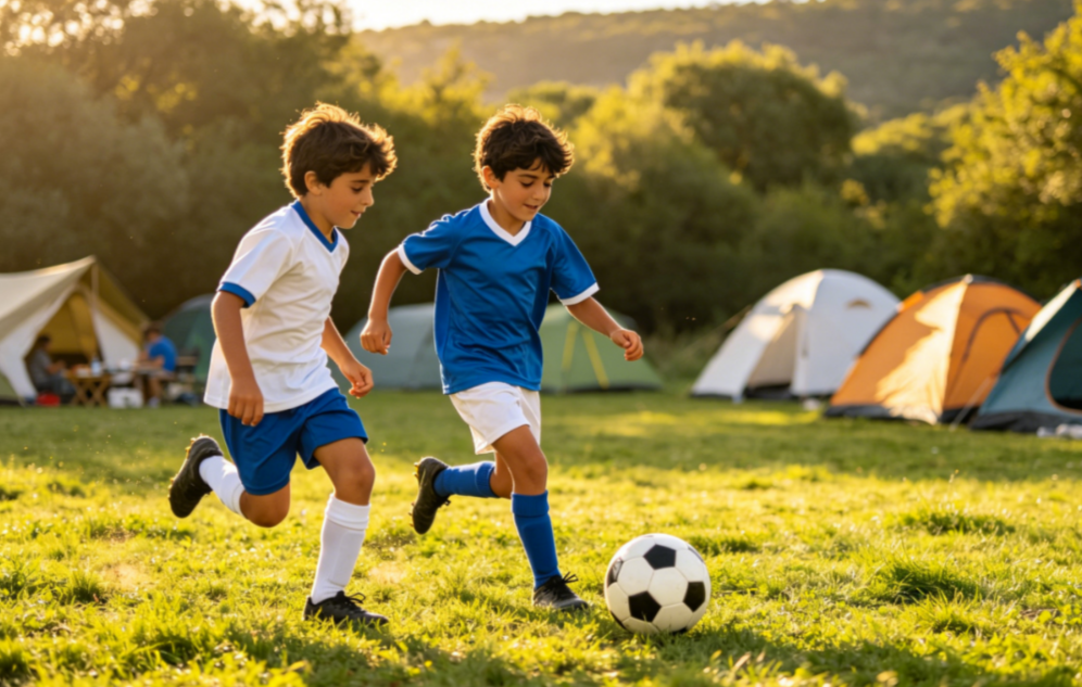 Niños jugando al fútbol en área de picnic