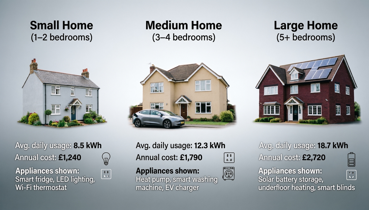 Average household electricity usage comparison by home size and daily kWh consumption
