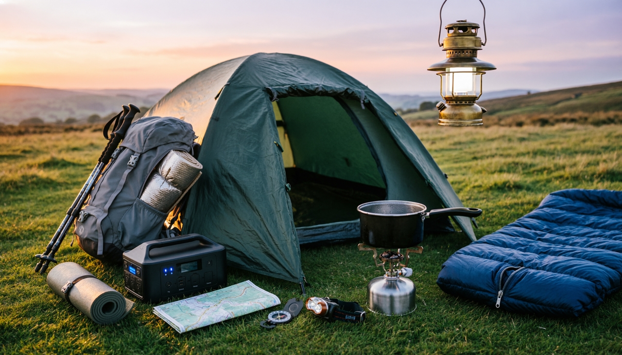 Essential wild camping equipment and portable electricity setup for Peak District camping trips