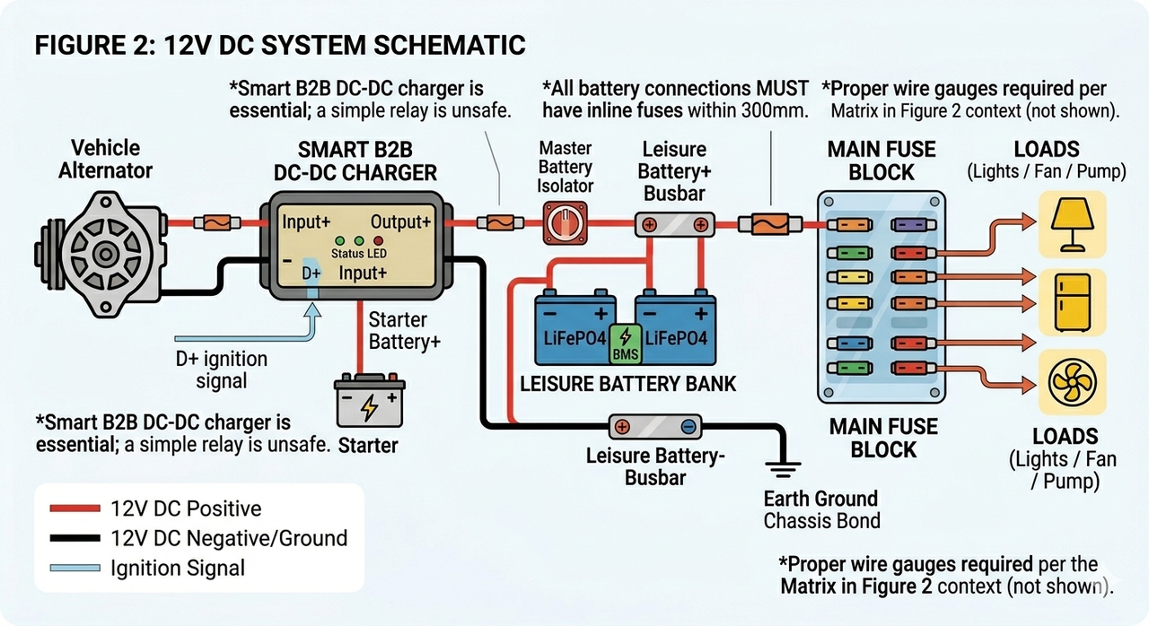 Campervan electrics diagram showing a 12V DC System Schematic