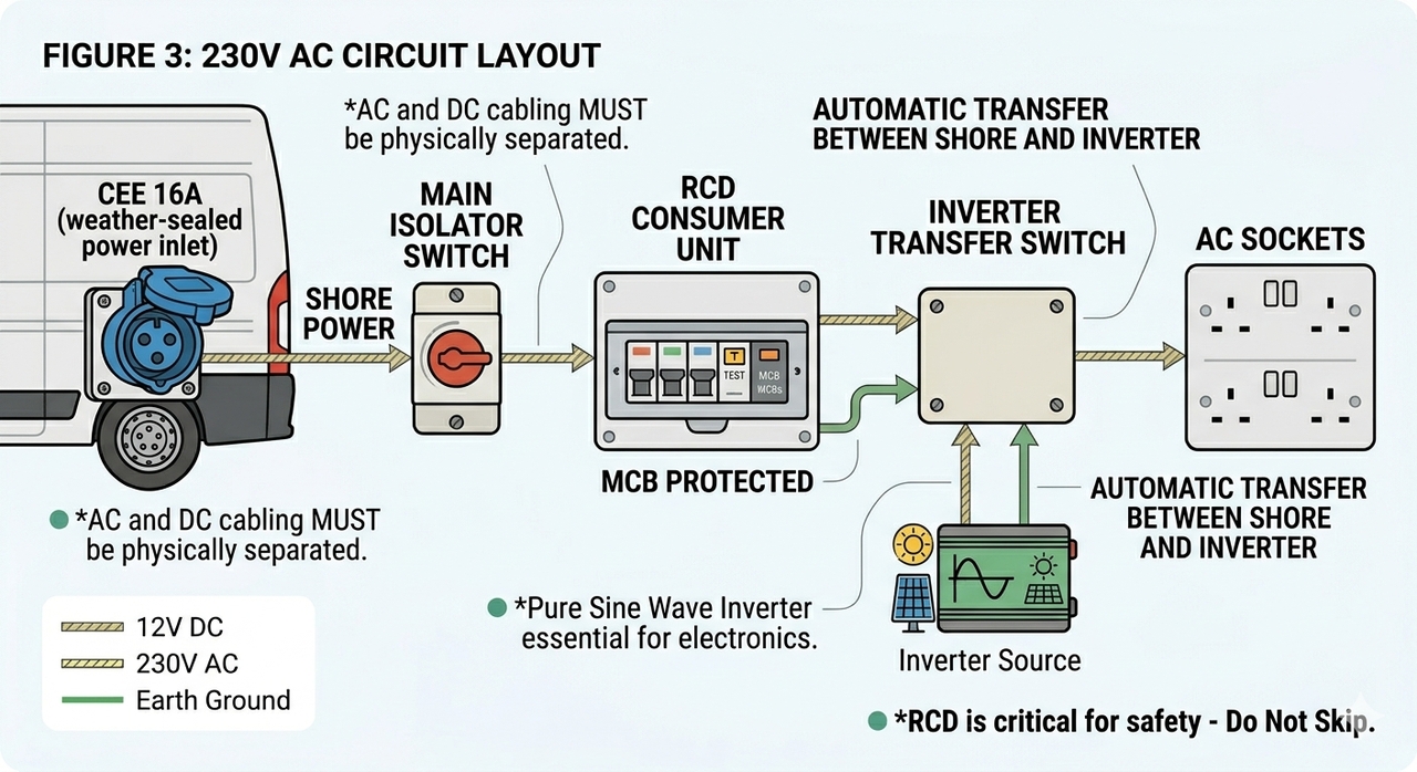 Campervan electrics diagram showing a 230V AC Circuit Layout