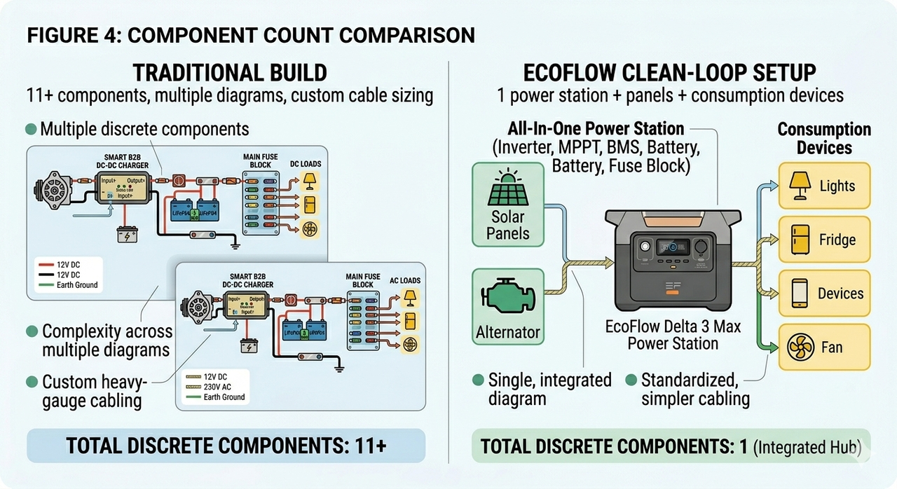 Campervan electrics diagram showing component count comparison