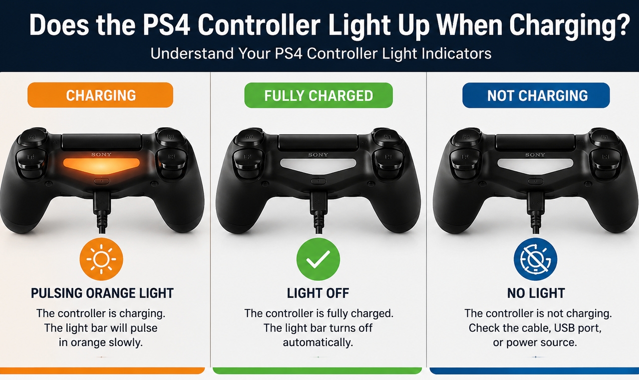 Charging light indicators on the PS4 controller that indicate charging, fully charged, and not charging