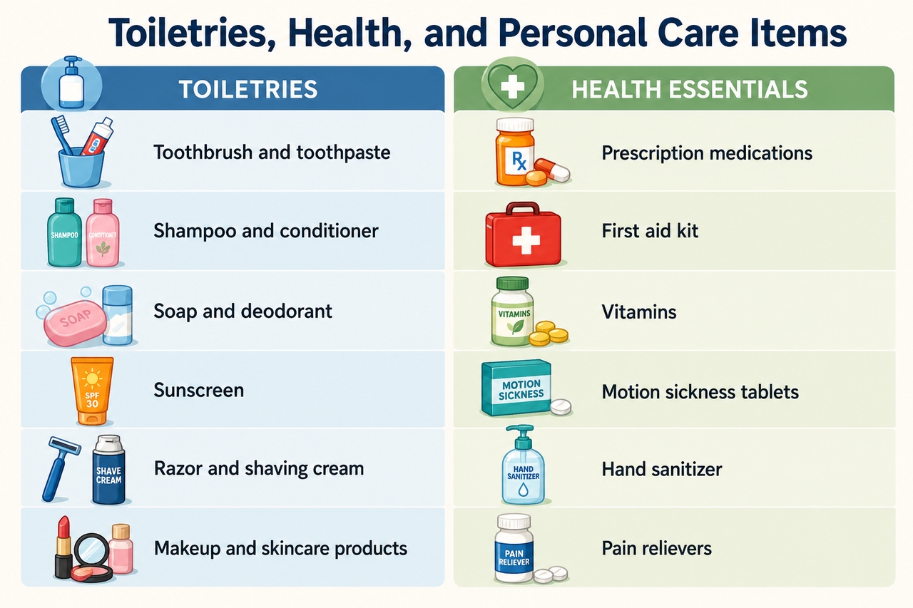 Personal care products and supplies such as hygiene products, grooming supplies, skin care and any necessary medical items.
