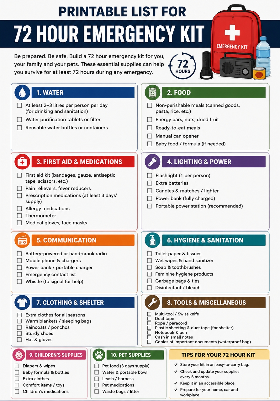 Printable 72-hour emergency kit checklist for 2026 – Families Survival Supplies.
