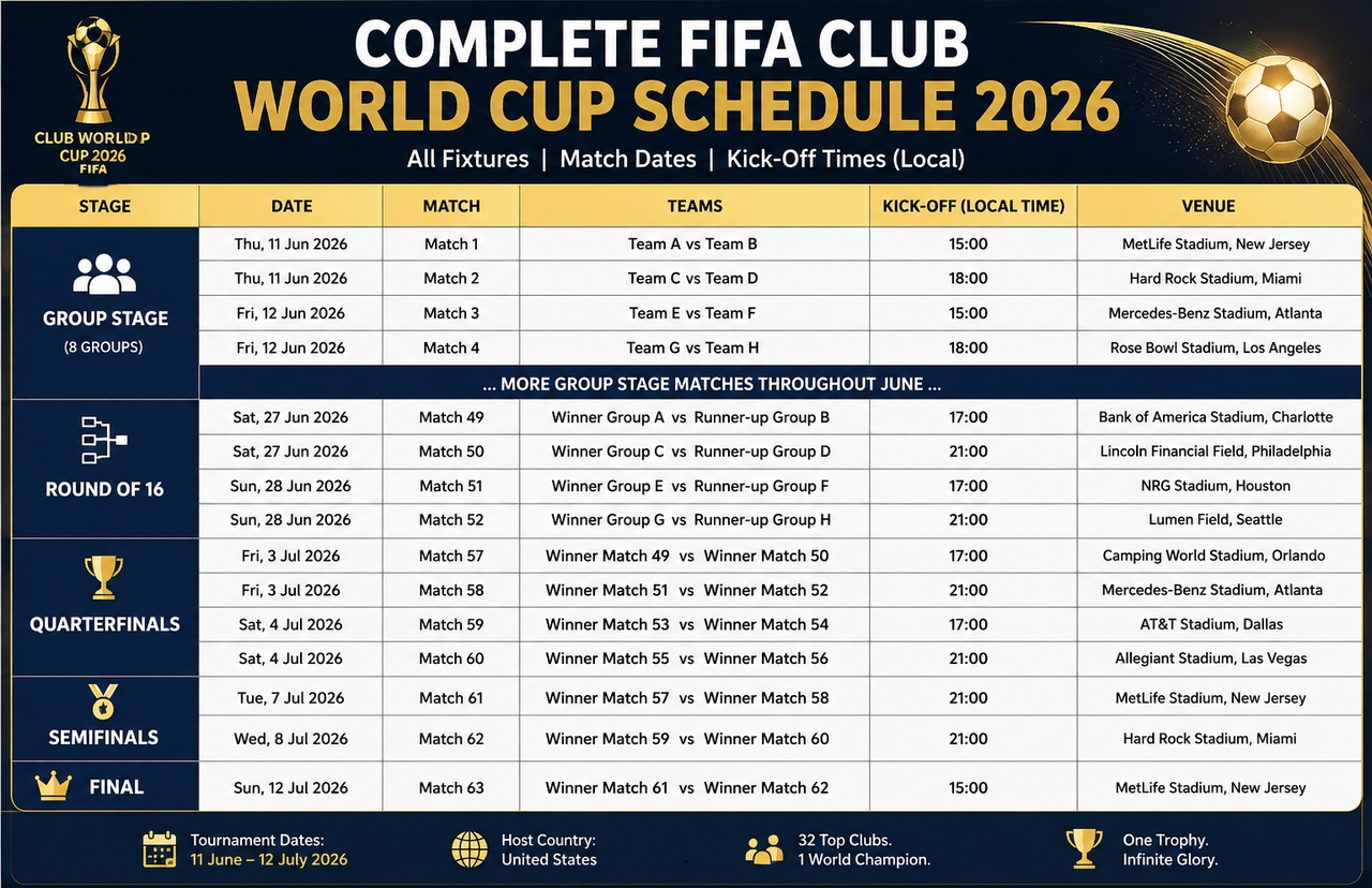 FIFA Club World Cup 2026 fixtures, match dates, kick-off times, stages and host venues