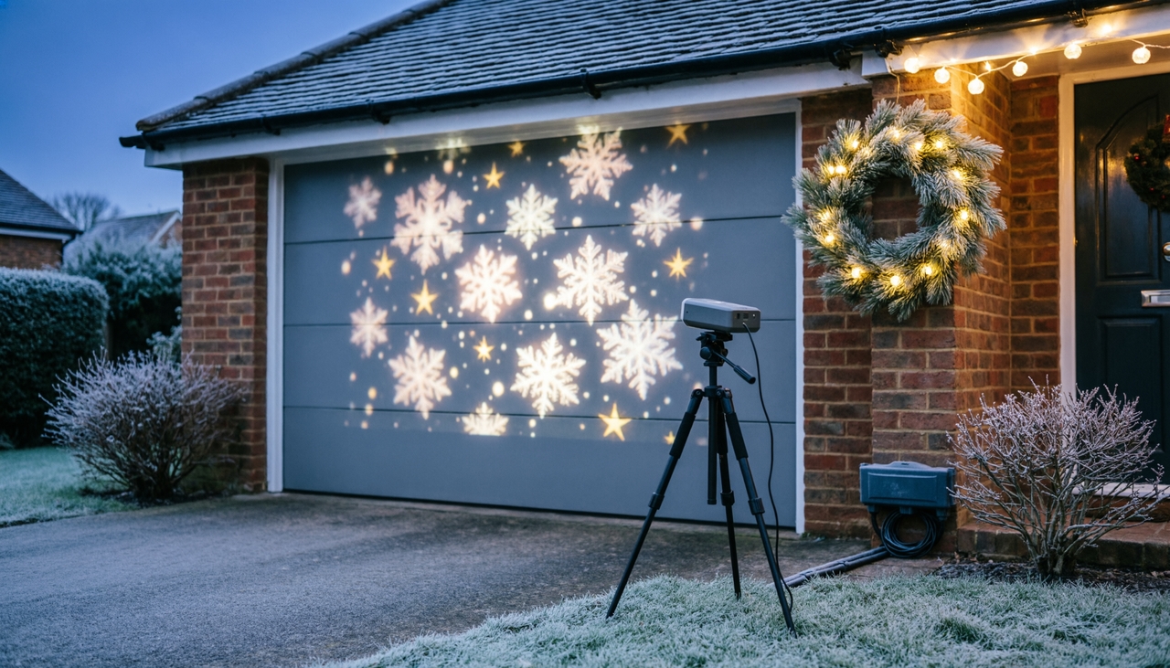 Outdoor xmas projector displaying festive snowflake patterns on a British house exterior.
