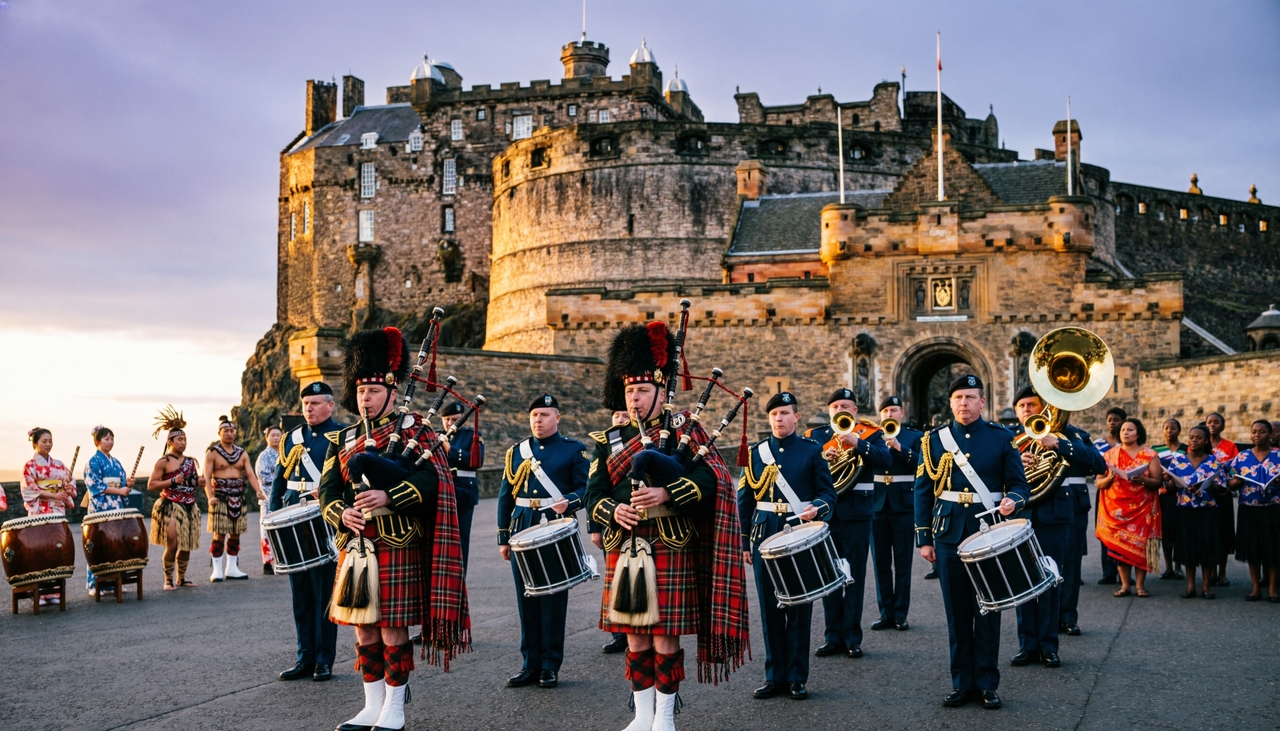 Military musicians, pipers and international performers at the Royal Edinburgh Military Tattoo.