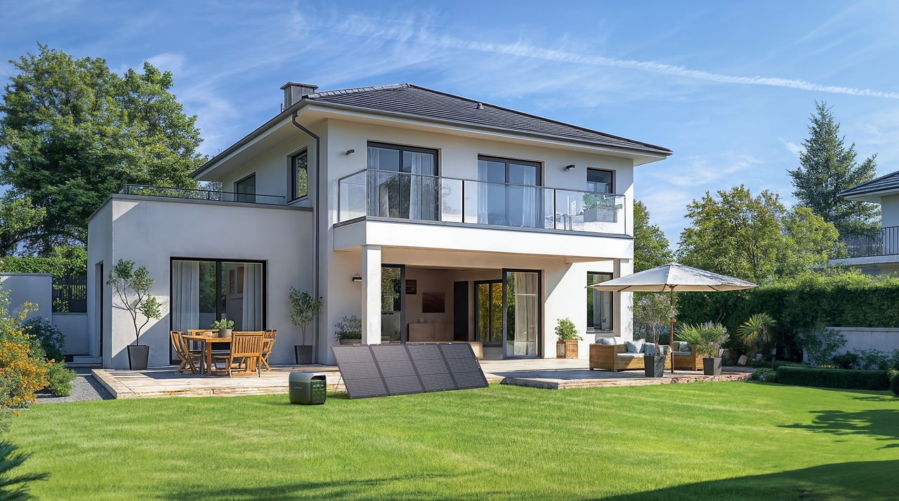 Powerstation mit Solarpanel im Garten