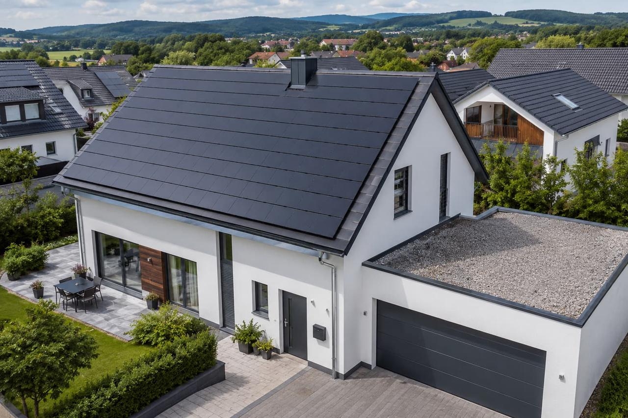 Solarpaneele auf dem Dach eines Einfamilienhaus