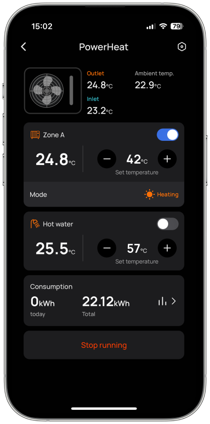 Ajusta la temperatura ambiente y la configuración del agua caliente